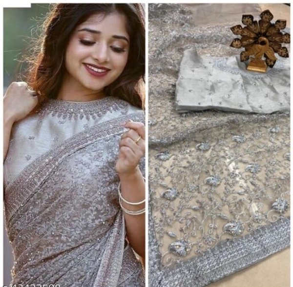 CHARVI DRISHYA Net Grey Color Sarees With Banarsi Silk Running Blouse - Free Size, Grey, Net, Pack of1